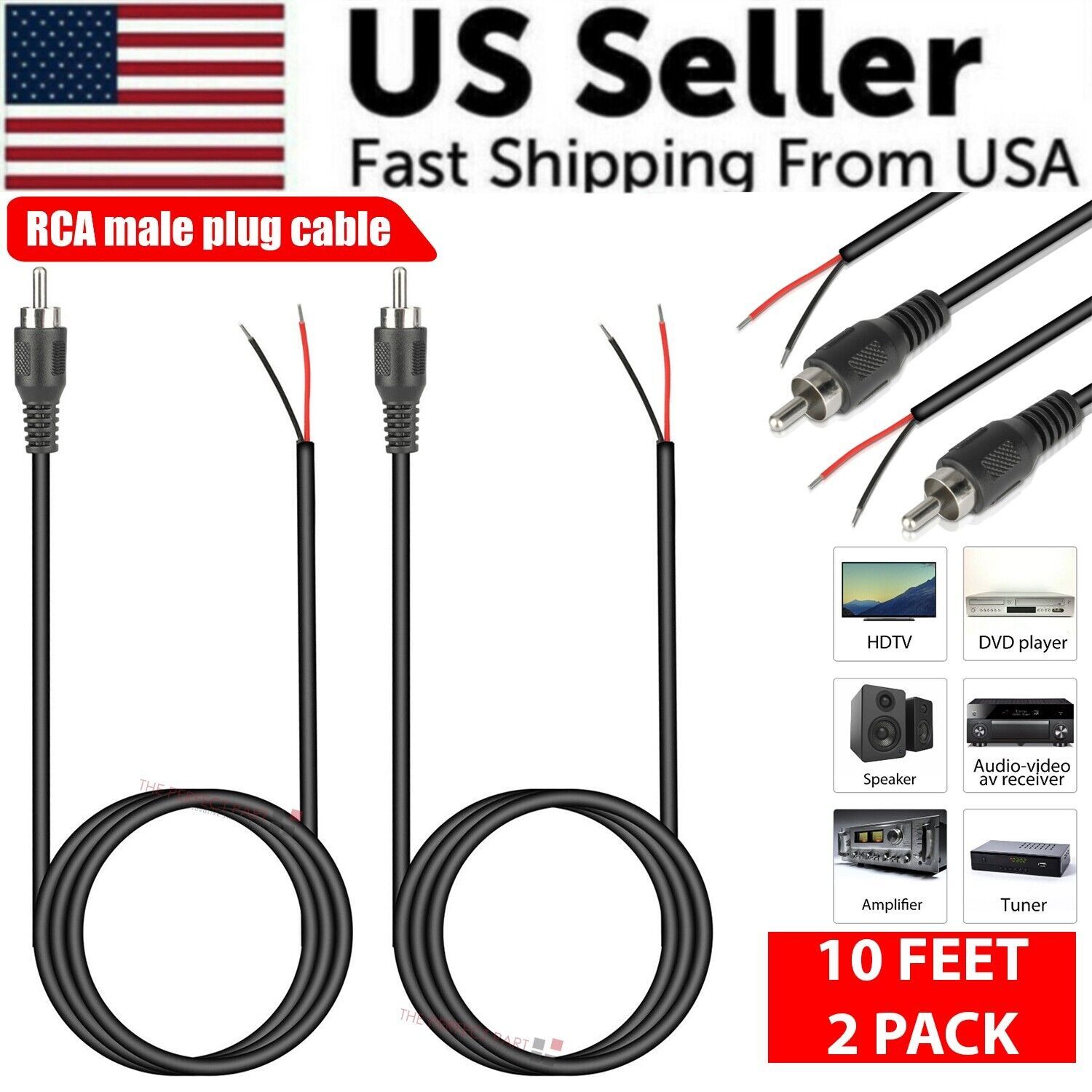 Home Cinema Hall - 2-Pack 10ft RCA Male Plug To